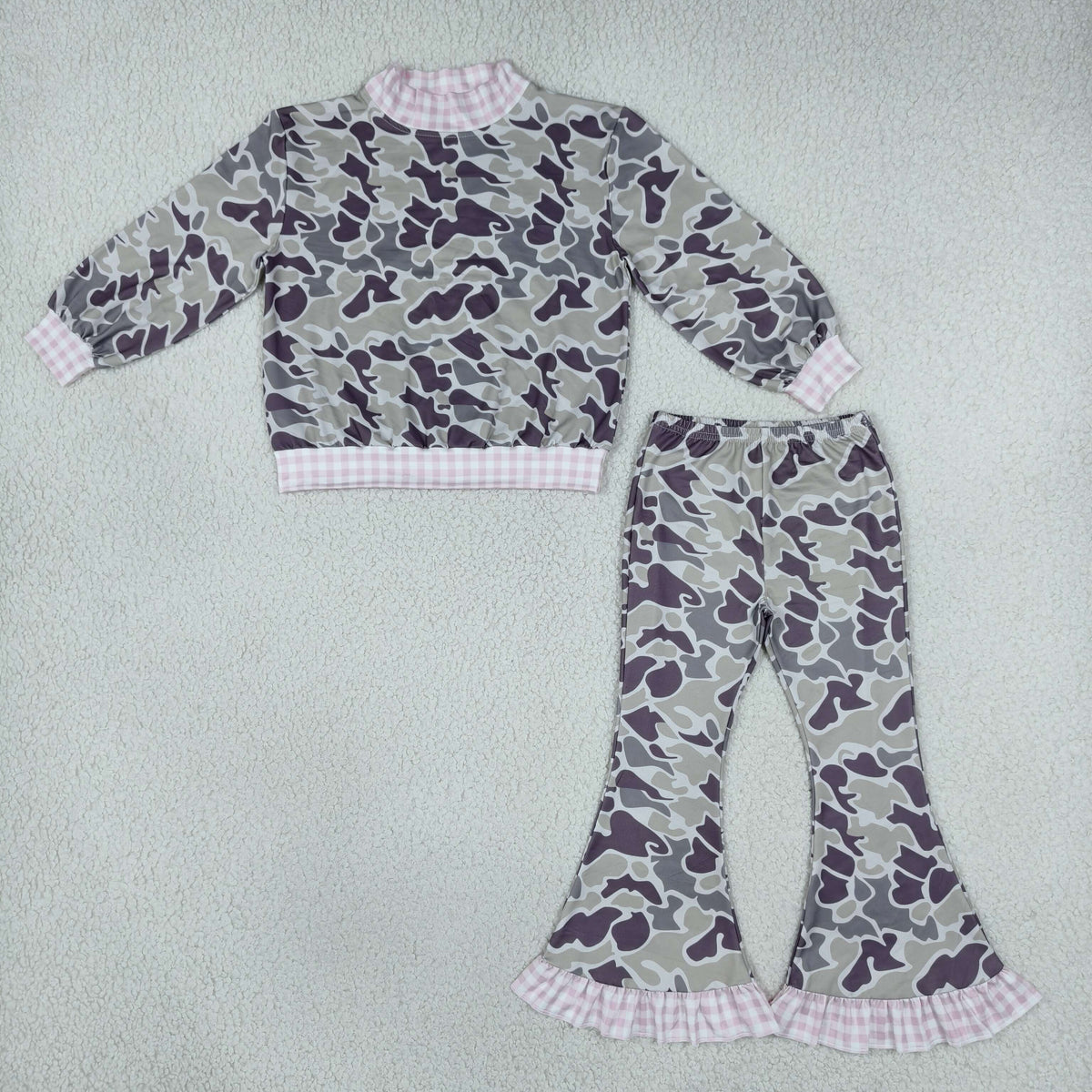 GLP3736 Baby Girls Grey Camo Pink Checked Choker Top Ruffle Flare Pant Clothes Set