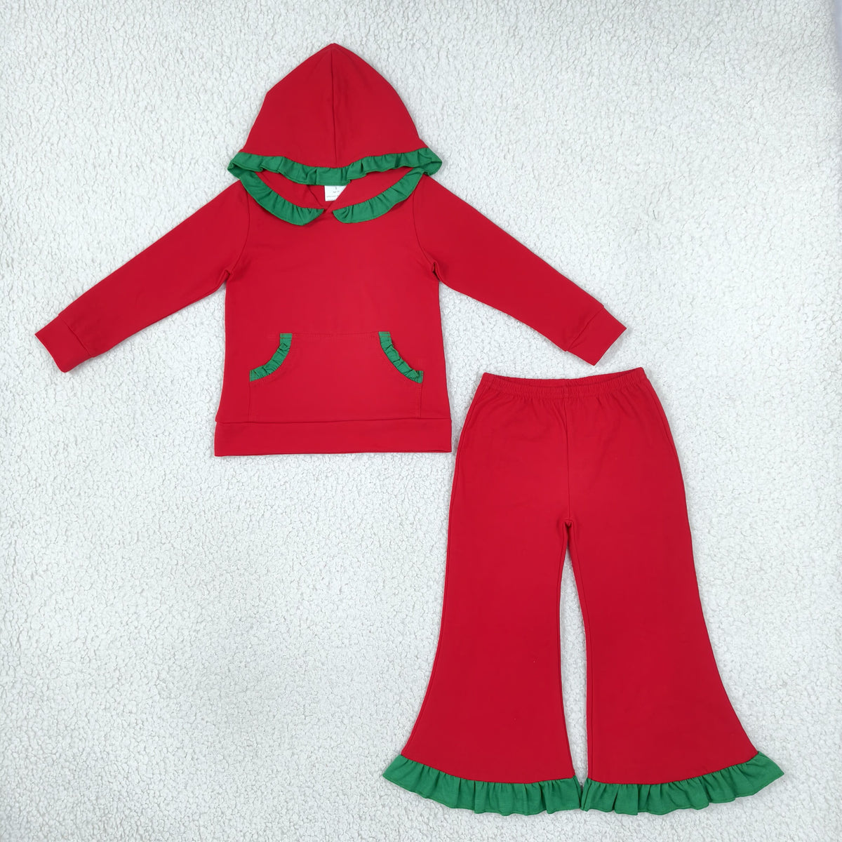 GLP3751 Baby Girls Long Sleeve Red Pockets Ruffle Hoodies Flare Pant Clothes Set