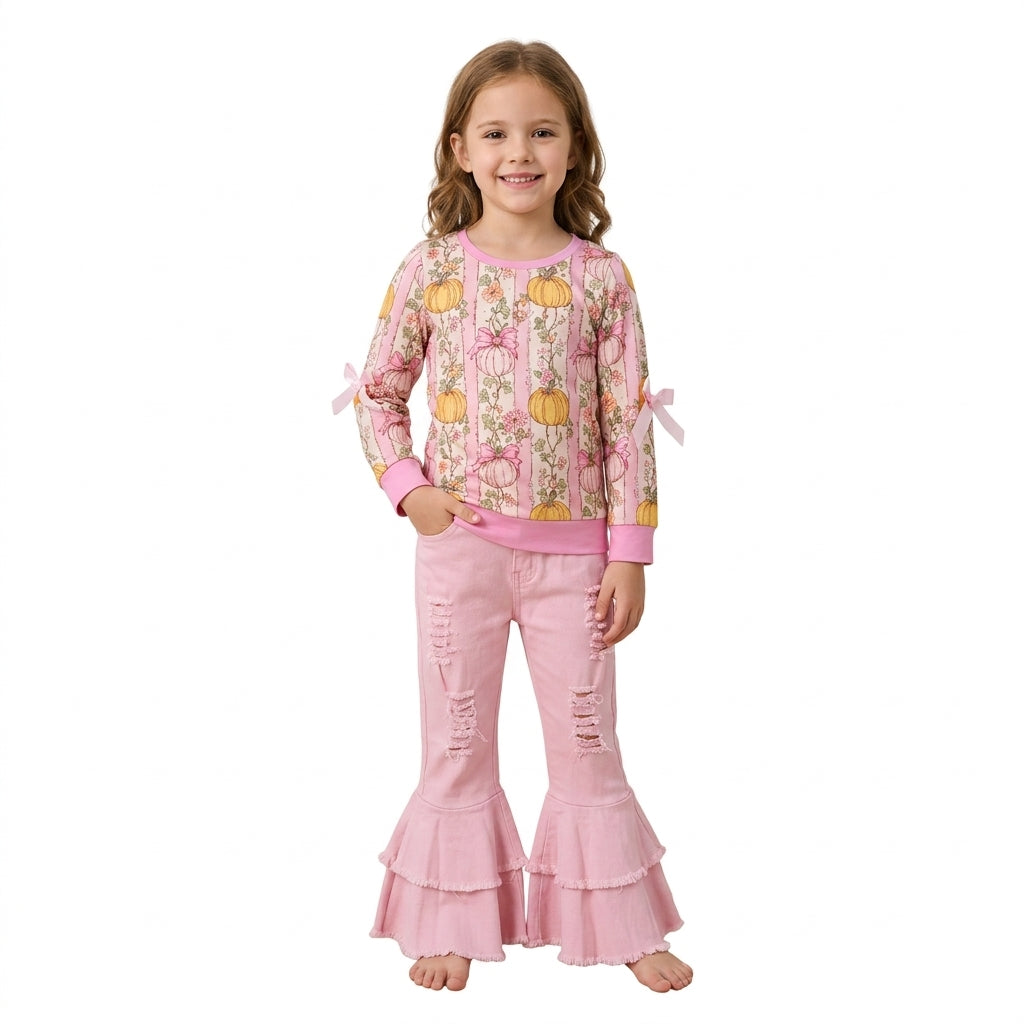 Baby Girls Flowers Pumpkins Bows Shirts Pink Denim Bell Bottom Pants Fall Clothes Sets