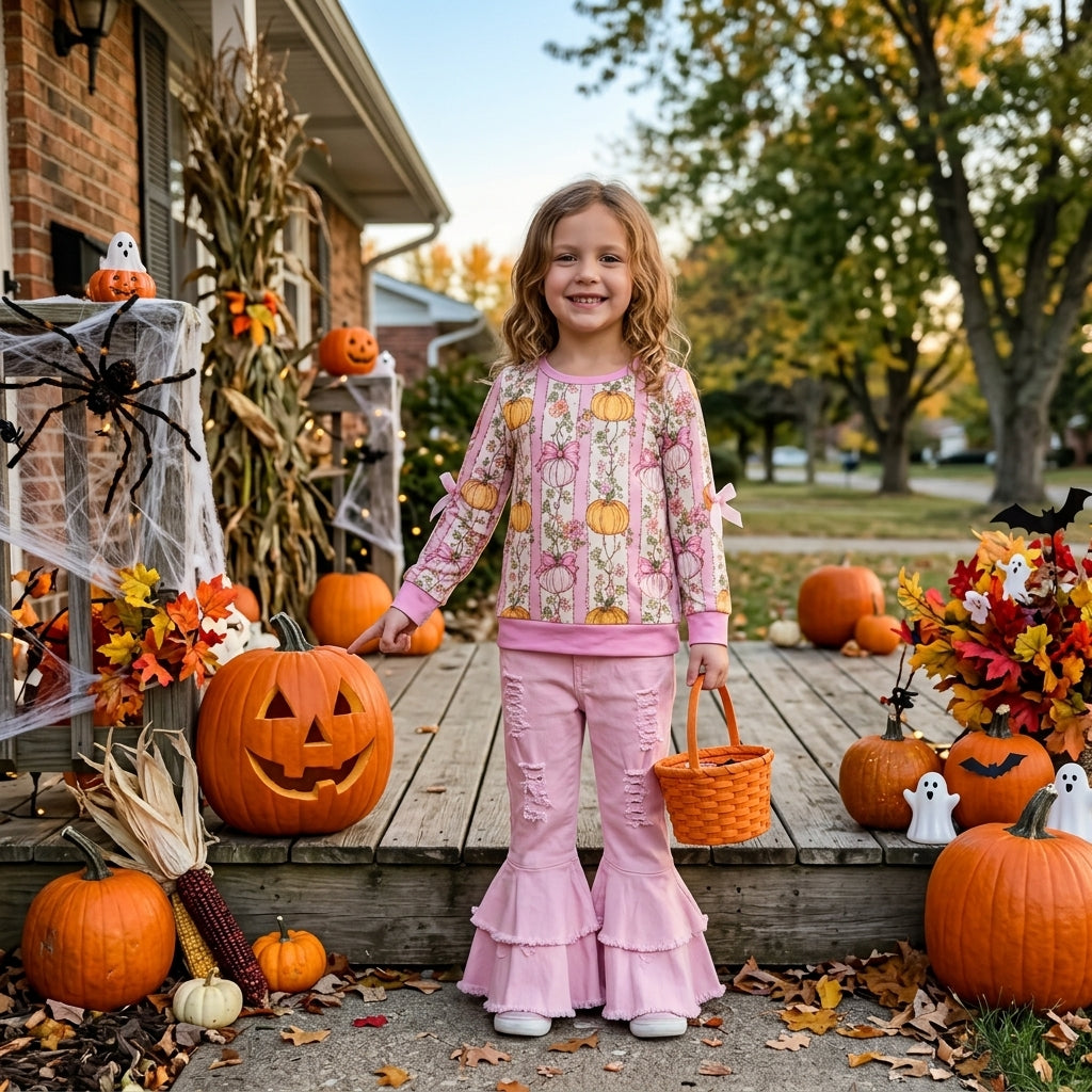 Baby Girls Flowers Pumpkins Bows Shirts Pink Denim Bell Bottom Pants Fall Clothes Sets