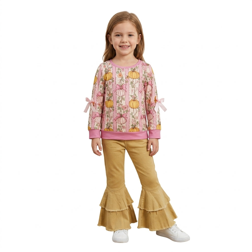 Baby Girls Flowers Pumpkins Bows Shirts Khaki Denim Bell Bottom Pants Fall Clothes Sets