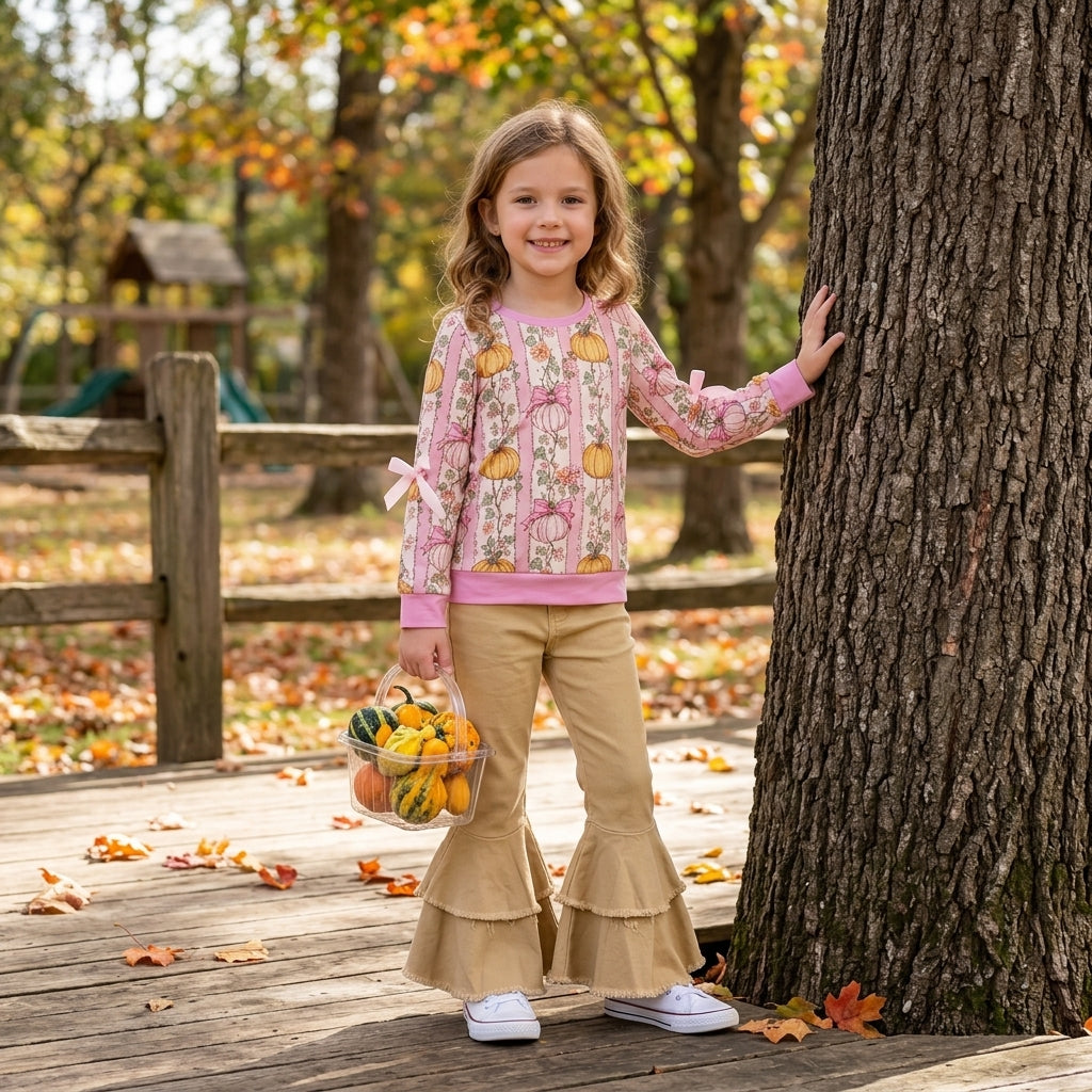 Baby Girls Flowers Pumpkins Bows Shirts Khaki Denim Bell Bottom Pants Fall Clothes Sets