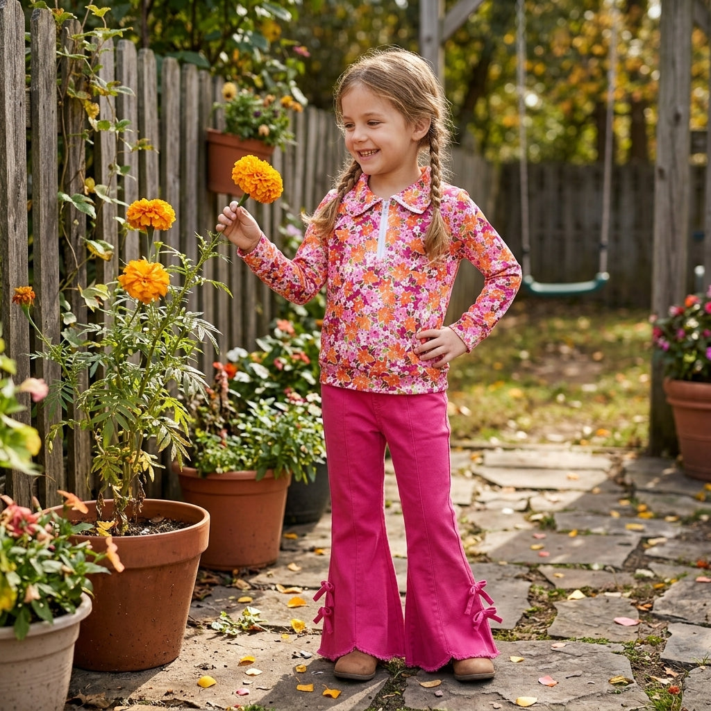 Baby Girls Fall Flowers Zip Pullovers Hot Pink Denim Flare Pants Clothes Sets
