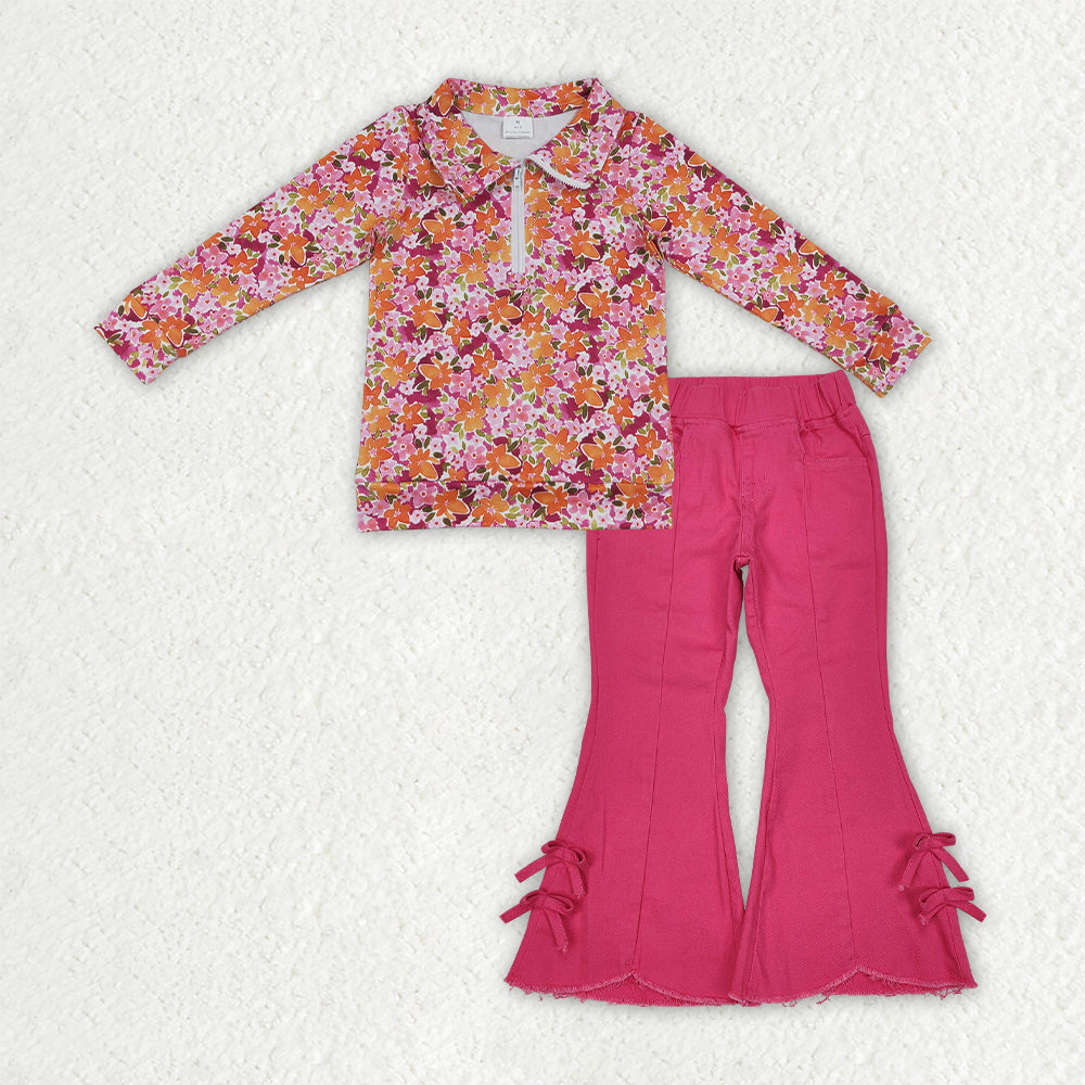 Baby Girls Fall Flowers Zip Pullovers Hot Pink Denim Flare Pants Clothes Sets