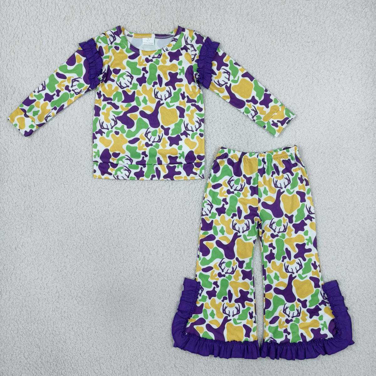 GLP3872 Baby Girls Long Sleeve Mardigras Camo Top Ruffle Flare Pant Clothes Set