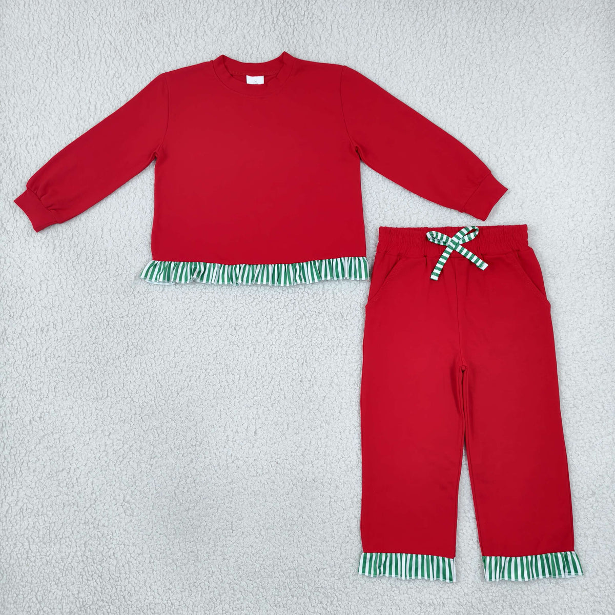 Sibling Baby Girls Long Sleeve Red Green Stripe Top Pockets Short Pant Clothes Sets