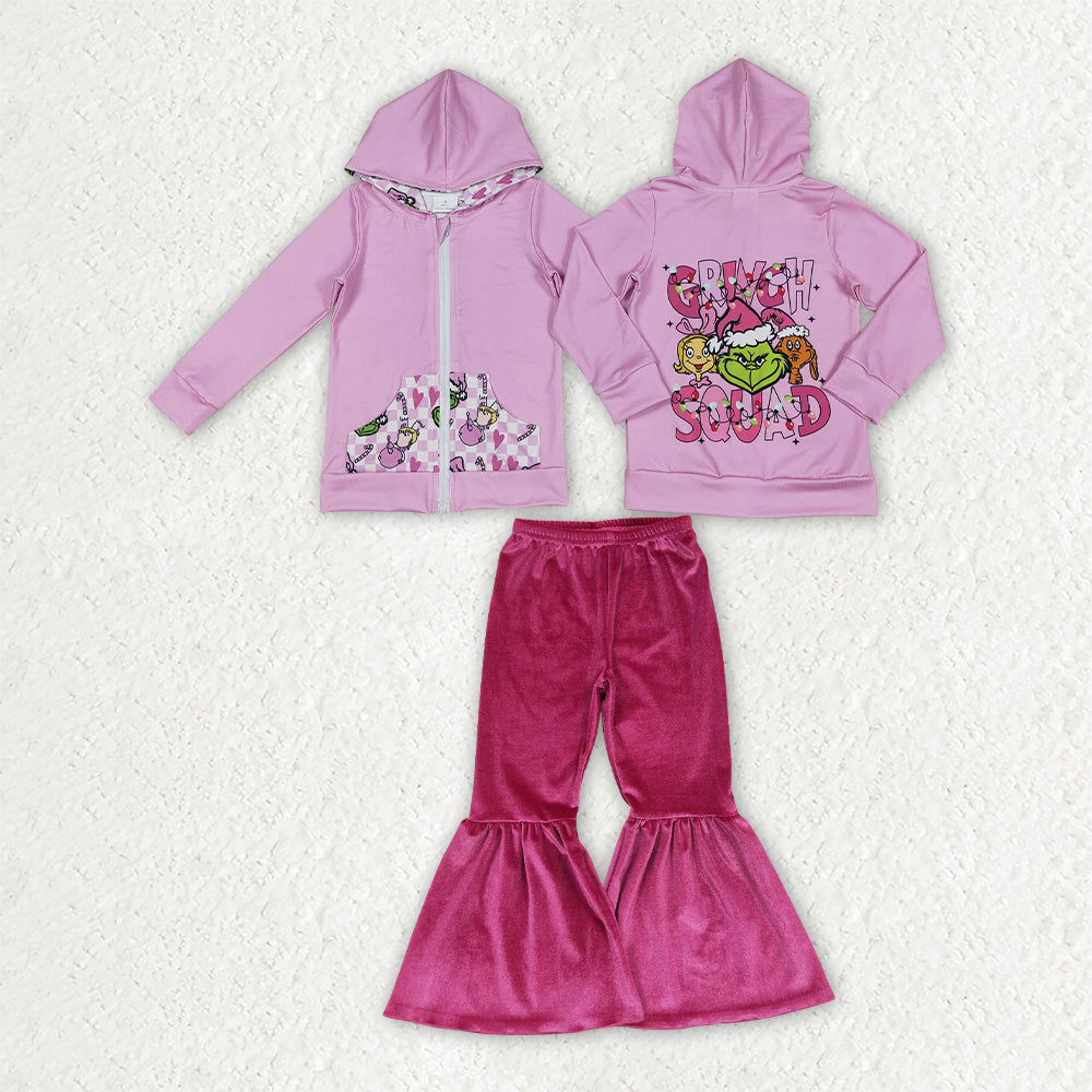 GLP3953 Baby Girls Green Face Pockets Zip Hoodie Jacket Velvet Bell Bottom Clothes Set