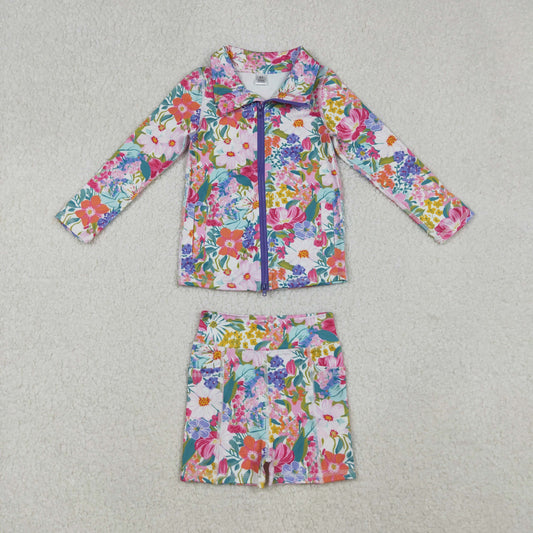GLS0012 Baby Girls Flowers Zipper Pockets Jacket Biking Shorts Yoga Active Clothes Sets