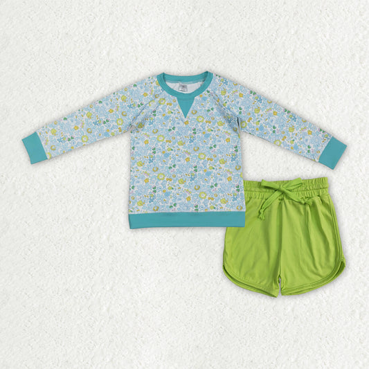 GLS0080 Baby Girls Blue Floral Long Sleeve Top Green Shorts Yoga Active Clothes Sets