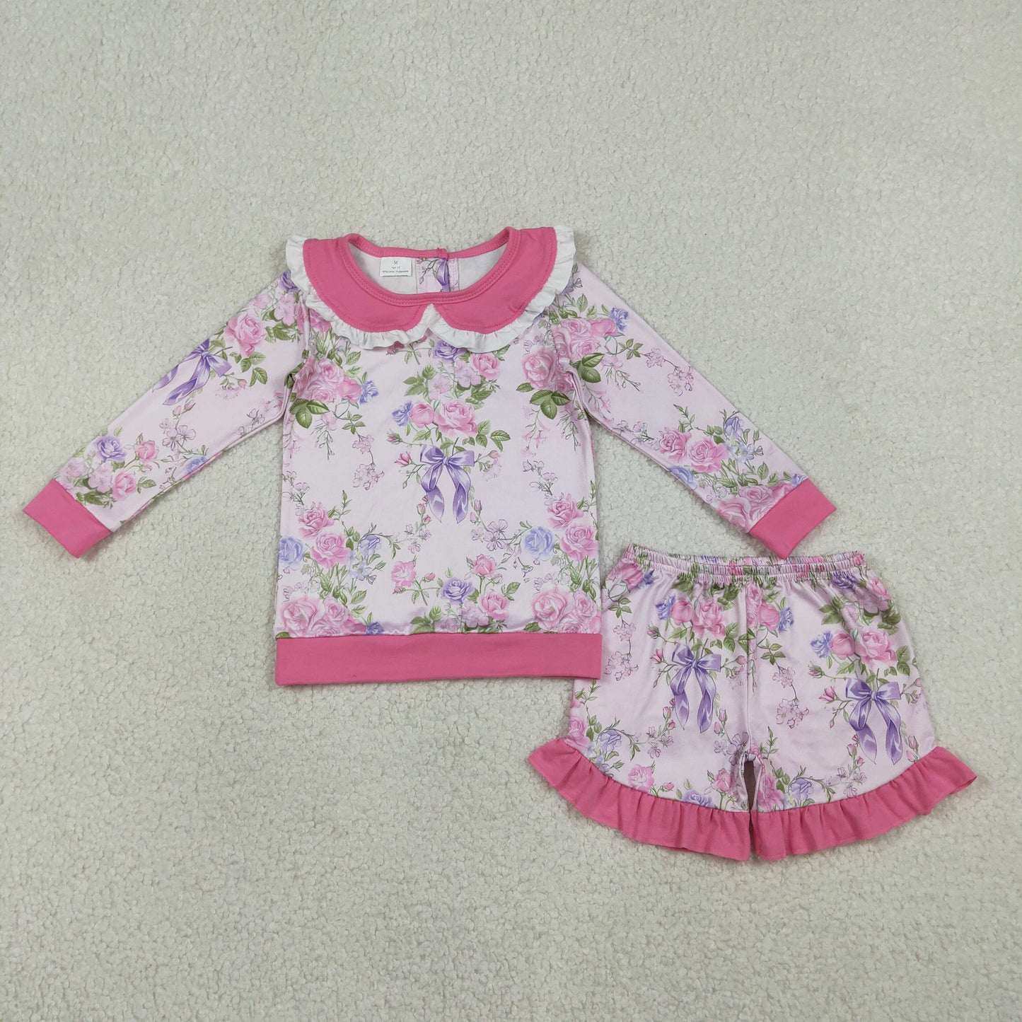 GLS0082 Baby Girls Long Sleeve Colorful Flowers Collar Top Ruffle Shorts Clothes Sets