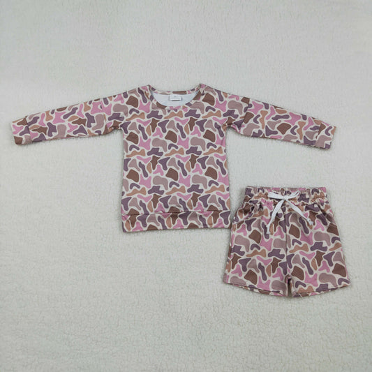 GLS0091 Baby Girls Long Sleeve Southern Pink Brown Camo Top Pockets Short Clothes Set