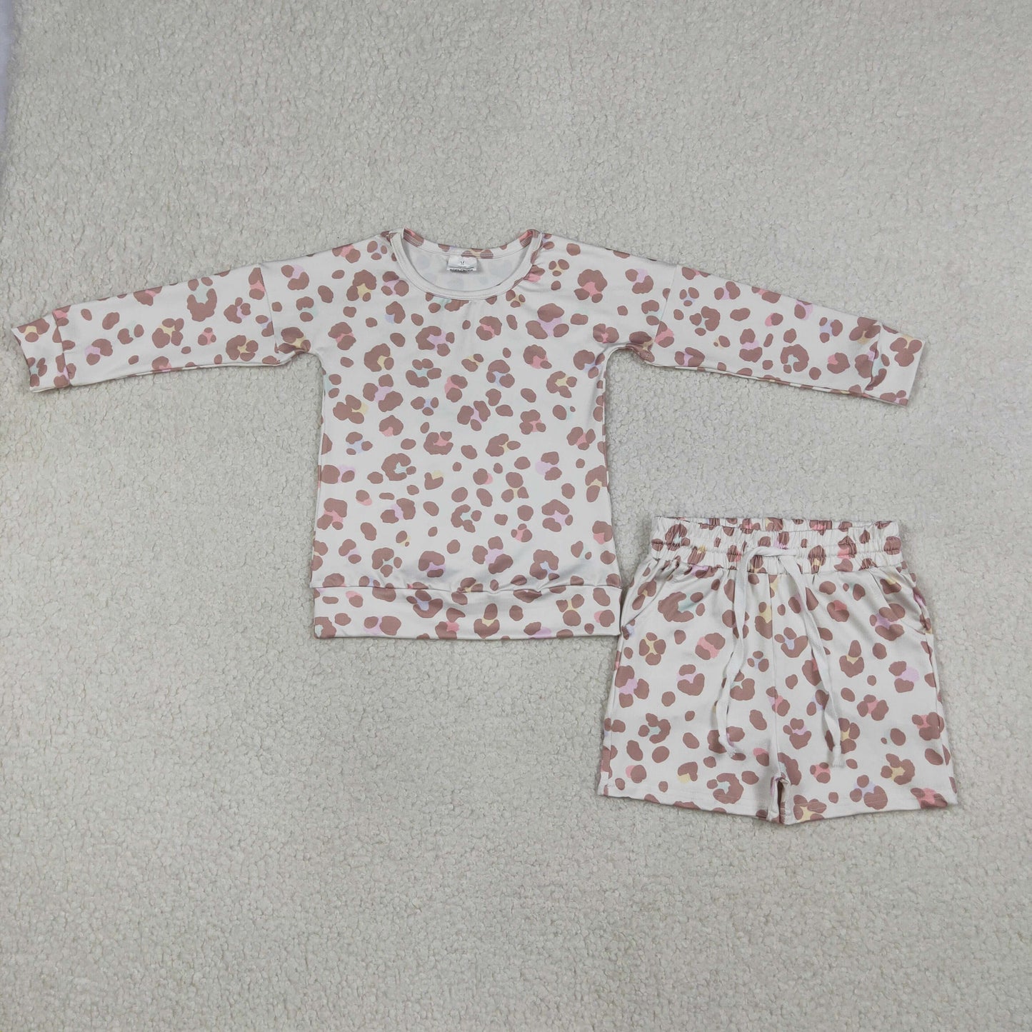 GLS0093 Baby Girls Long Sleeve Pink Leopard Top Pockets Short Clothes Set