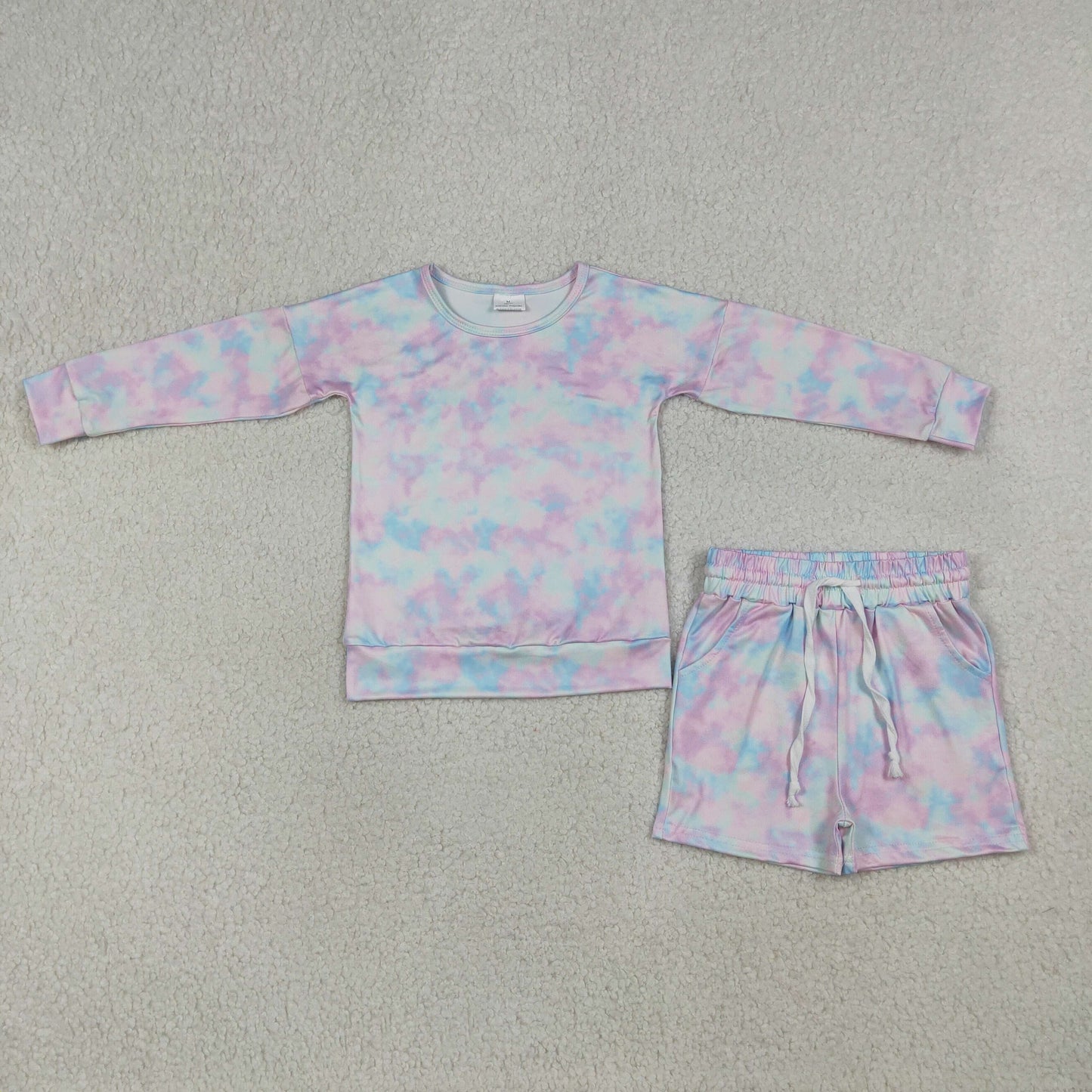 GLS0094 Baby Girls Long Sleeve Colorful Tie-dye Top Pockets Short Clothes Set
