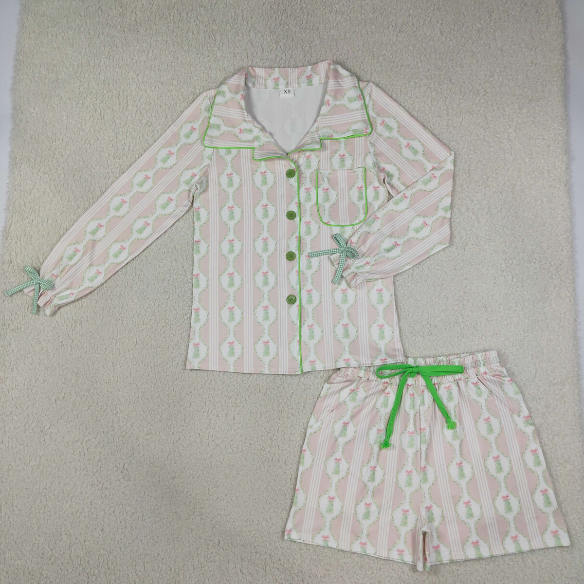 Sibling Adult Women Long Sleeve Trees Bows Button Pockets Short Christmas Halloween Pajamas Sets