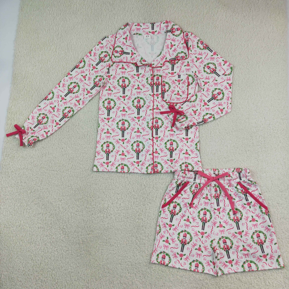 Sibling Adult Women Long Sleeve Trees Bows Button Pockets Short Christmas Halloween Pajamas Sets