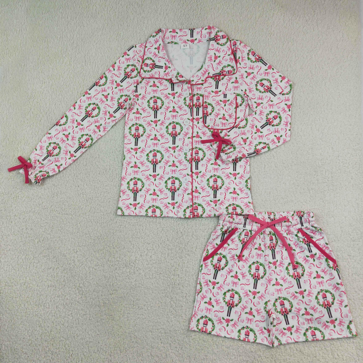 Mama and Me Girls Holly Soldiers Bows Button Pocket Long Sleeves Short Pajamas Sets