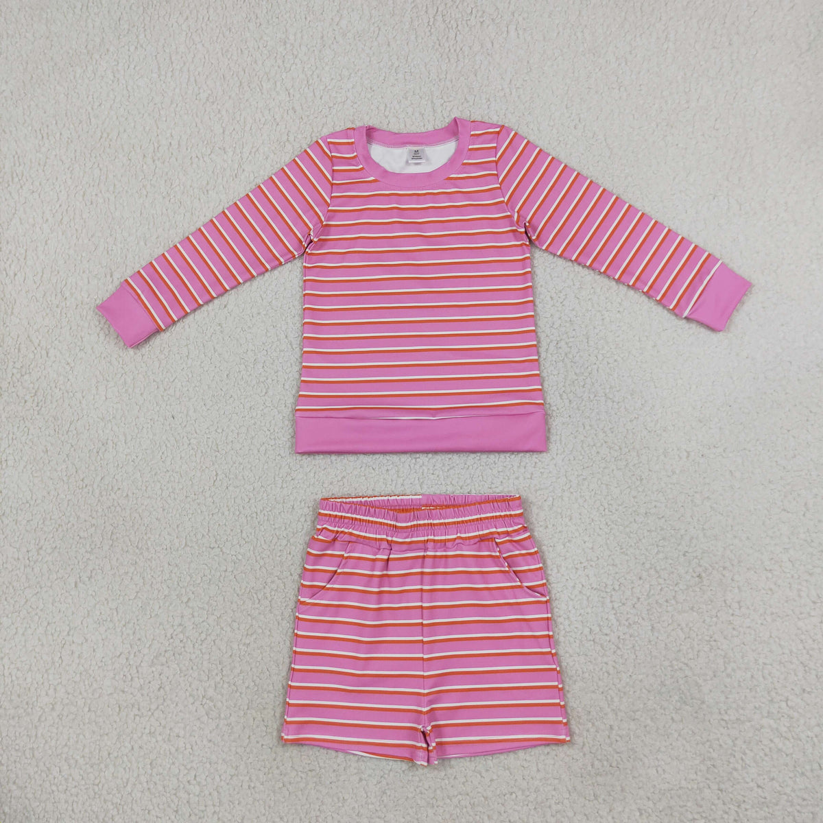 Mama and Me Girls Pink Stripe Long Sleeves Shirt Pockets Short Yoga Active Clothes Sets
