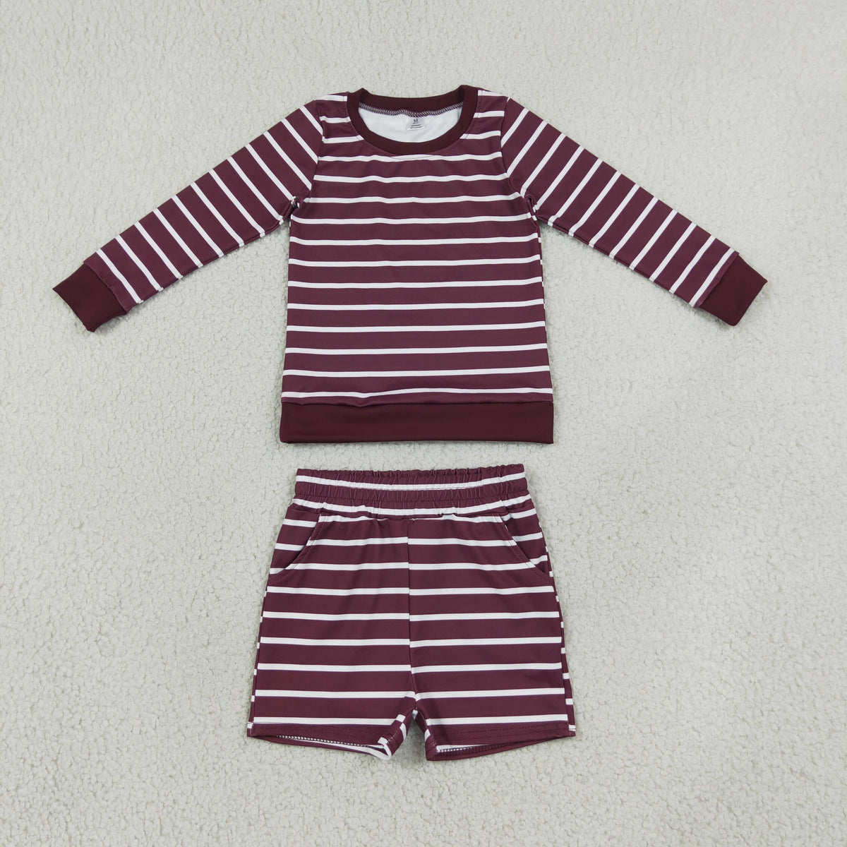 GLS0130 Baby Girls Long Sleeve Maroon Stripe Top Pockets Short Yoga Active Clothes Set
