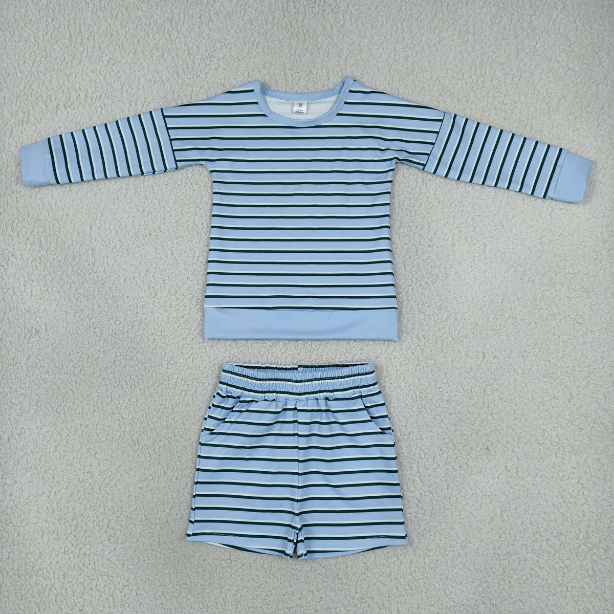 GLS0133 Baby Girls Long Sleeve Blue Stripe Top Pockets Short Yoga Active Clothes Set