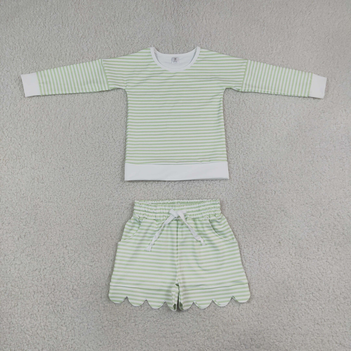 GLS0154 Baby Girls Green Stripe Long Sleeve Top Scallop Pockets Short Yoga Active Clothes Set
