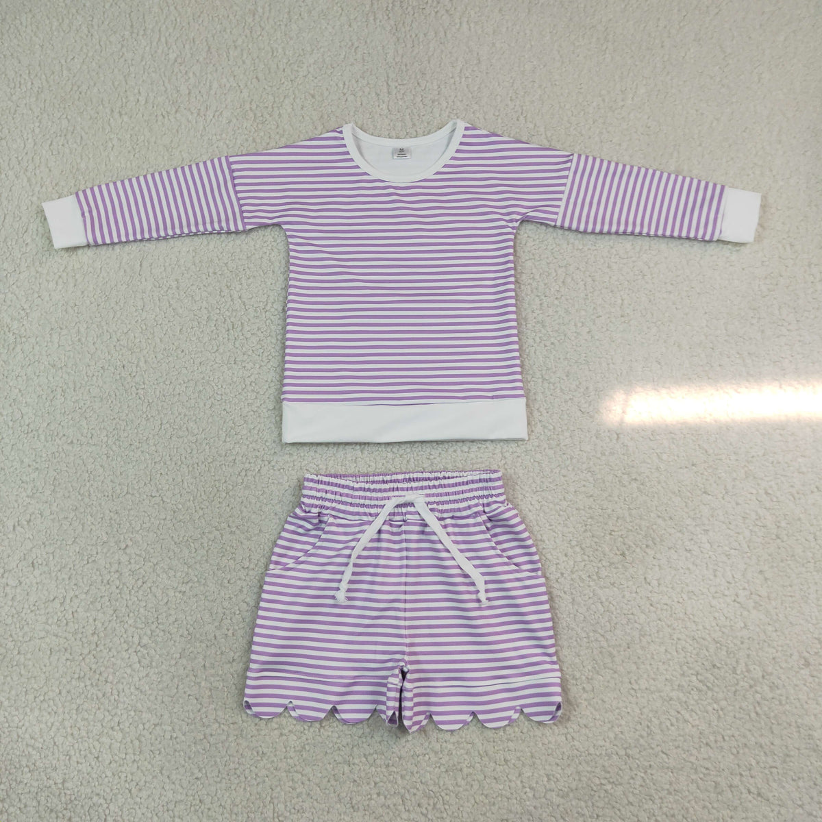GLS0155 Baby Girls Lavender Stripe Long Sleeve Top Scallop Pockets Short Yoga Active Clothes Set