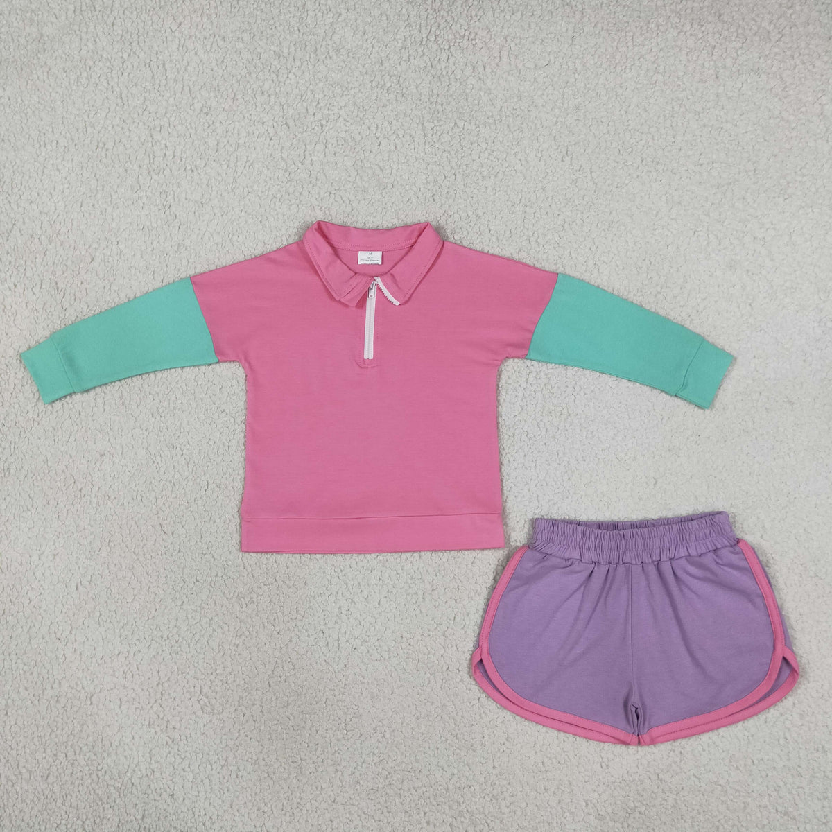 GLS0193 Baby Girls Aqua Pink Patchwork Zip Pullovers Sport Short Clothes Sets