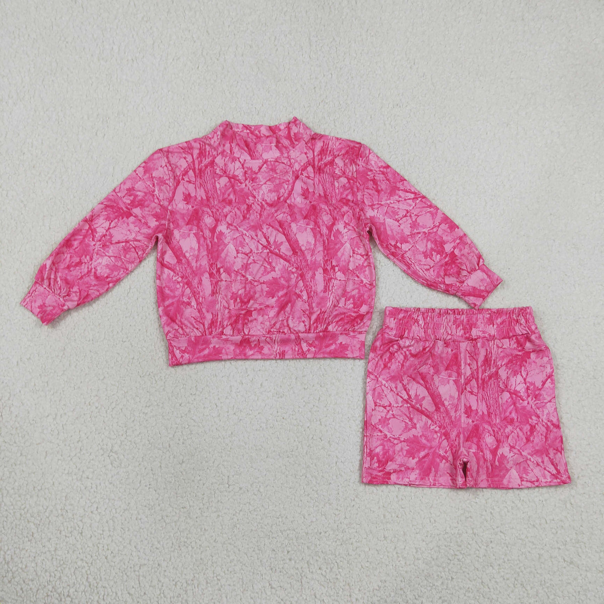 GLS0196 Baby Girls Pink Leaves Camo Choker Top Pockets Short Clothes Sets