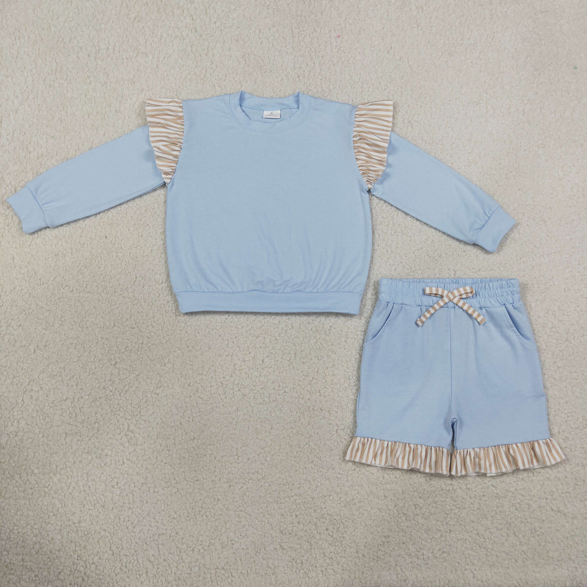 GLS0216 Baby Girls Blue Long Flutter Sleeve Top Pockets Short Cotton Clothes Sets