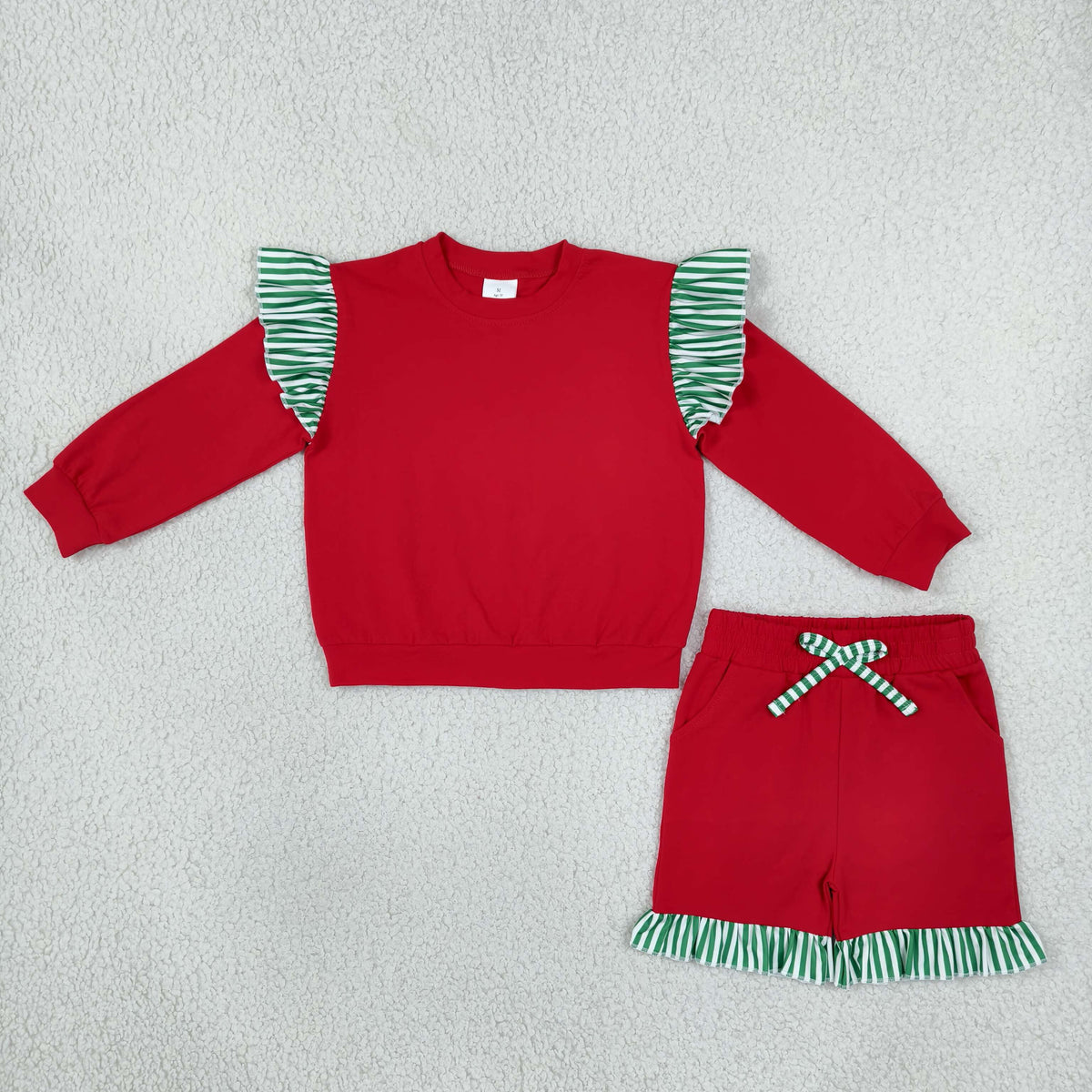 GLS0217 Baby Girls Red Green Stripe Flutter Sleeve Top Pockets Ruffle Short Clothes Sets
