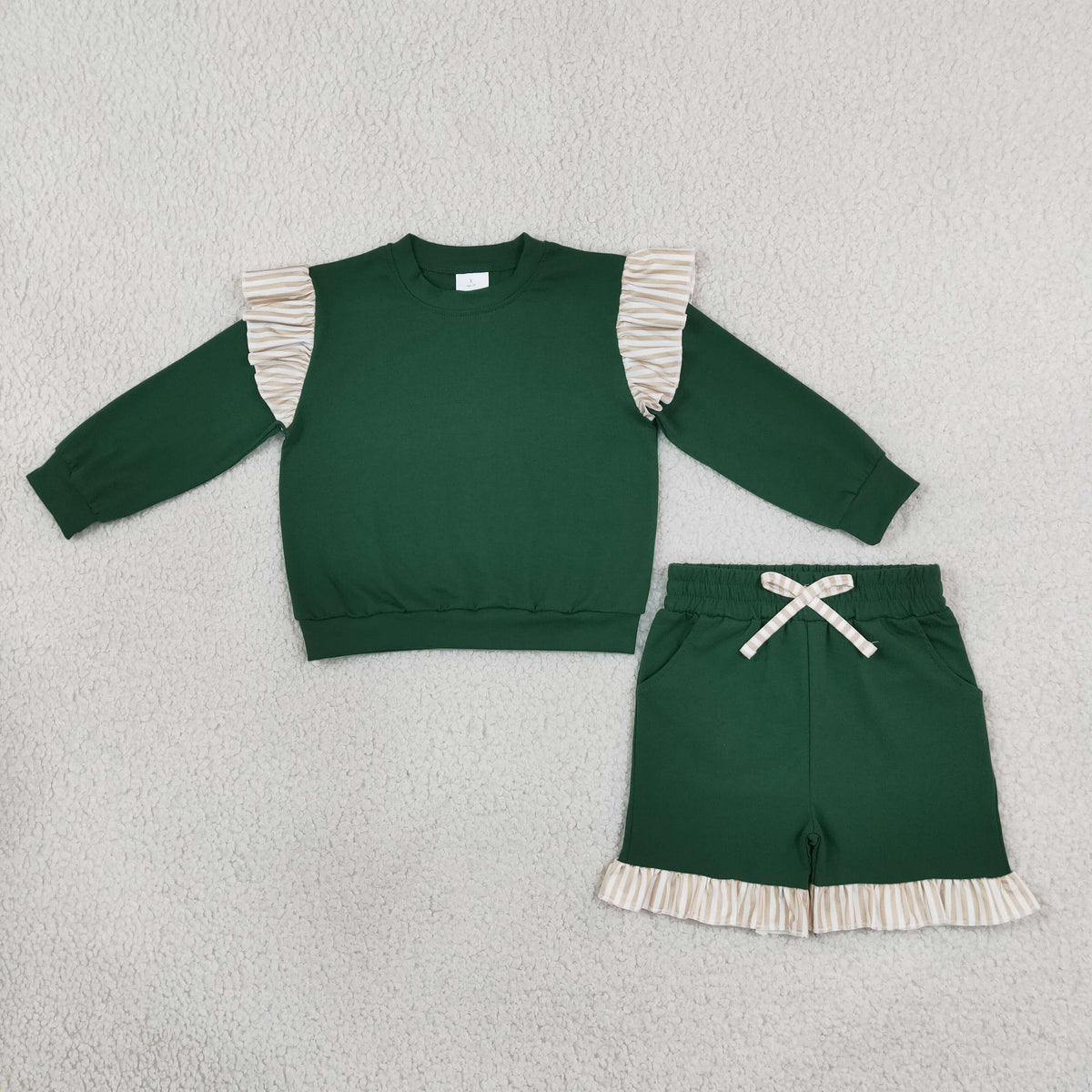 GLS0218 Baby Girls Green Khaki Stripe Flutter Sleeve Top Pockets Ruffle Short Clothes Sets