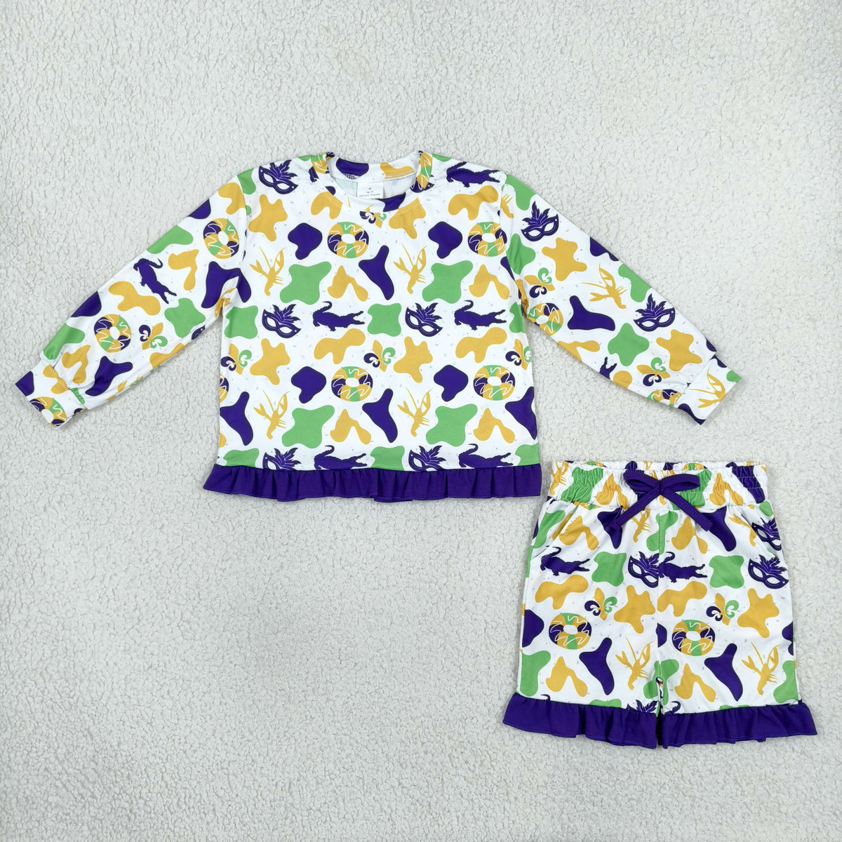 GLS0243 Baby Girls Long Sleeve Mardigras Camo Donuts Top Pockets Ruffle Short Clothes Set