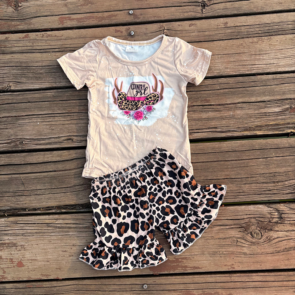 cowgirl t-shirts leopard Shorts Sets GSD0047