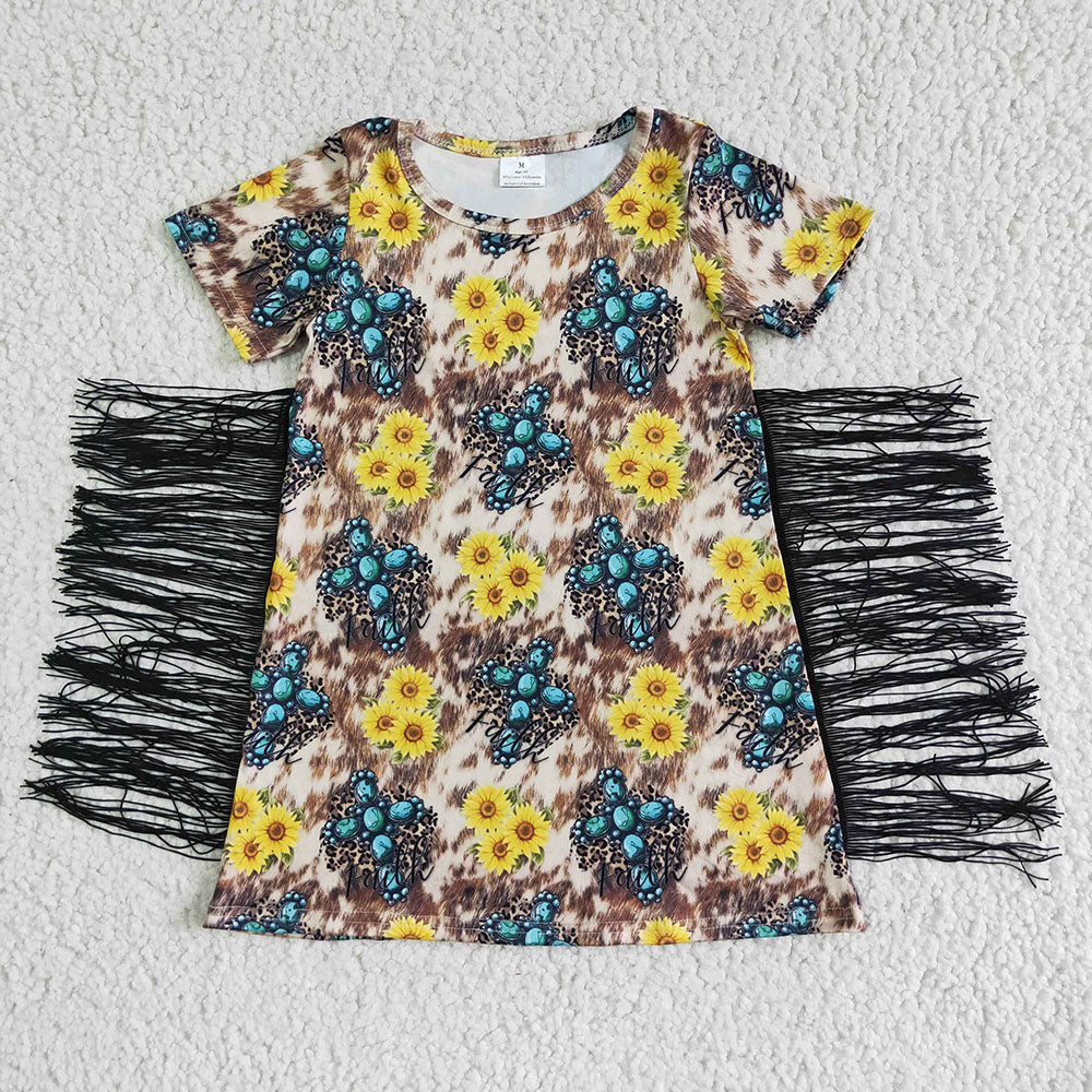 Sibling Baby Girls Short Sleeves Flowers Cows Tassel Knee Length Dresses