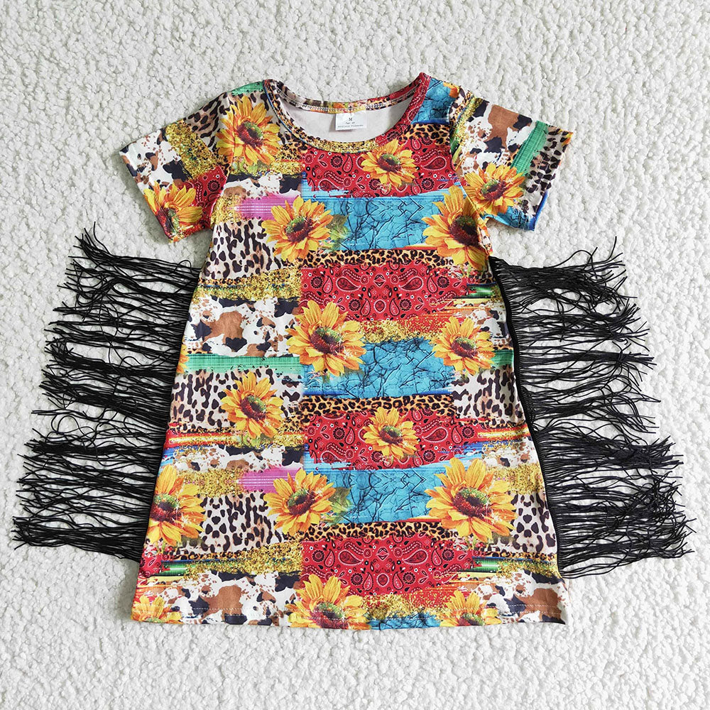 Sibling Baby Girls Short Sleeves Flowers Cows Tassel Knee Length Dresses