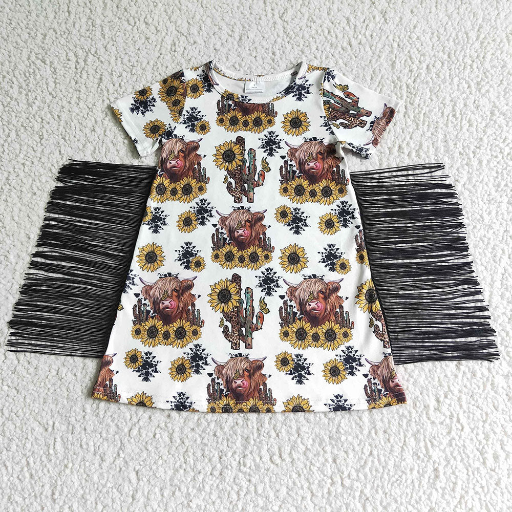 Sibling Baby Girls Short Sleeves Flowers Cows Tassel Knee Length Dresses