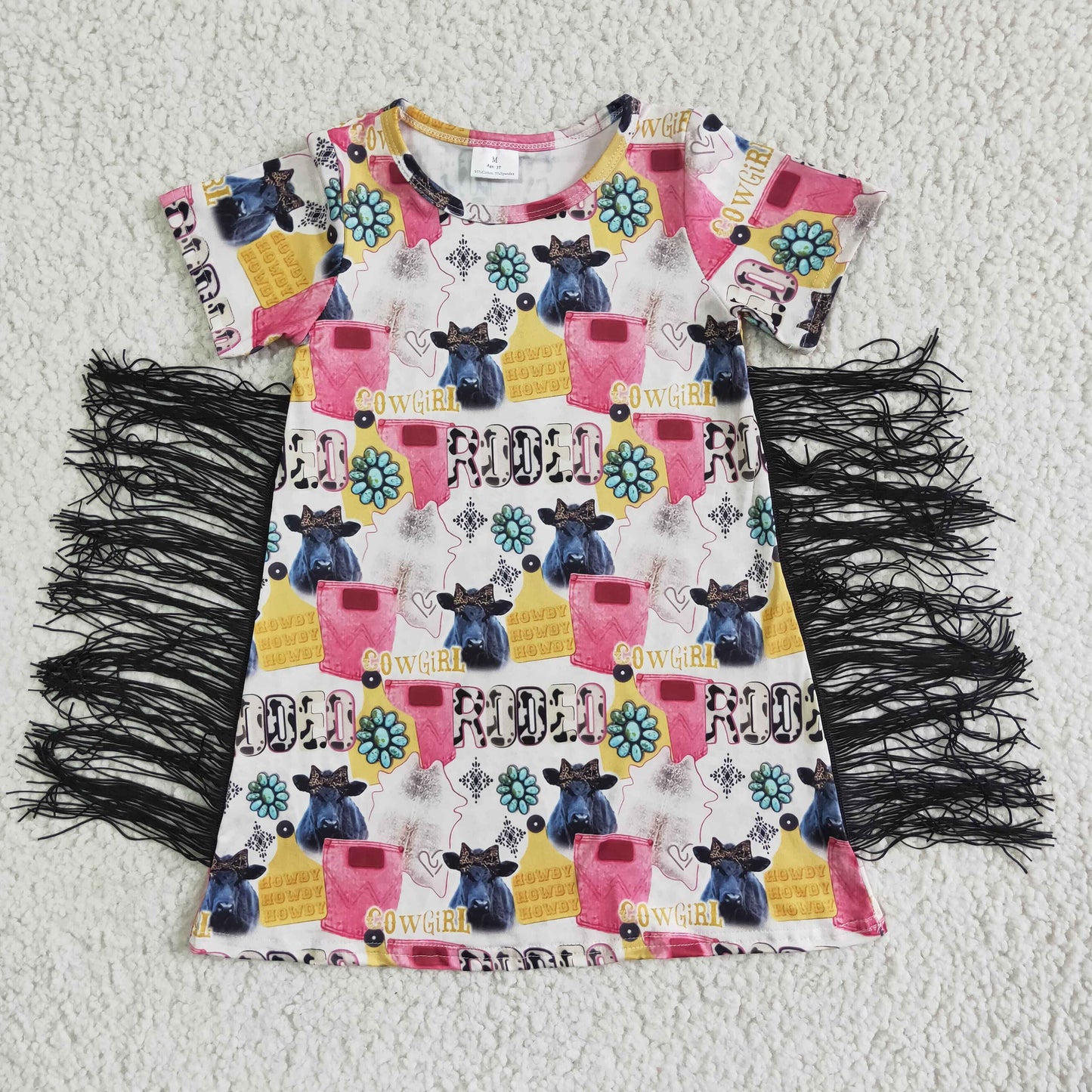 Sibling Baby Girls Short Sleeves Flowers Cows Tassel Knee Length Dresses