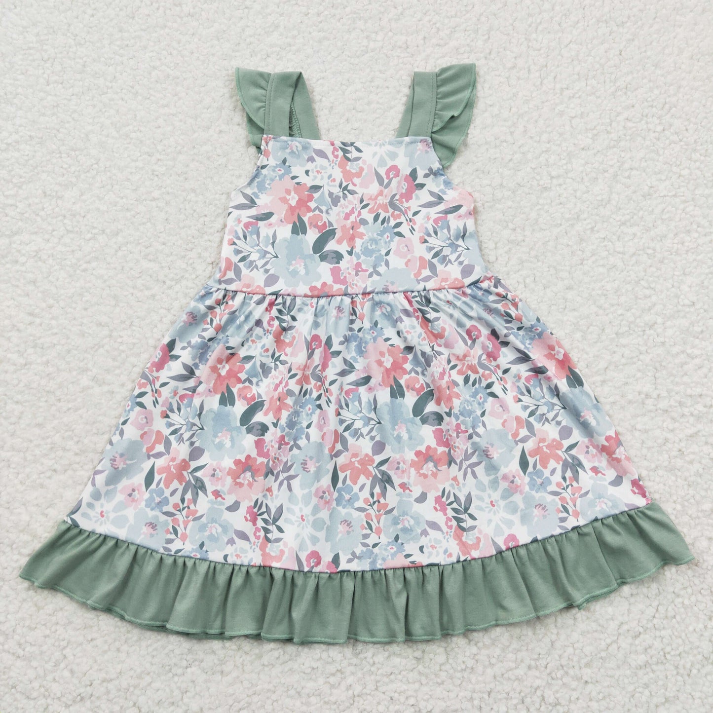 Sibling Baby Girls Flowers Plaid Flutter Sleeve Ruffle Knee Length Dresses