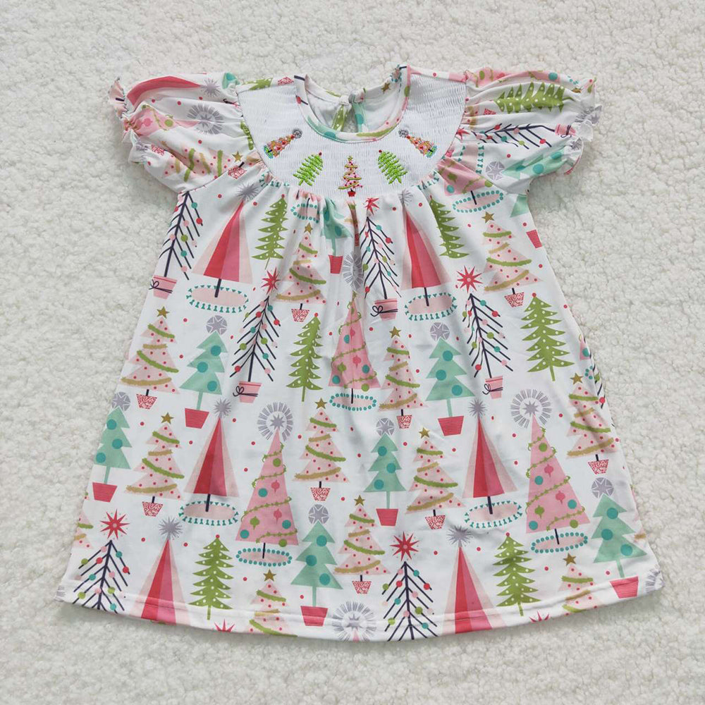 Sibling Baby Girls Smocked Christmas Trees Dresses Ruffle Sleeve Footie Rompers