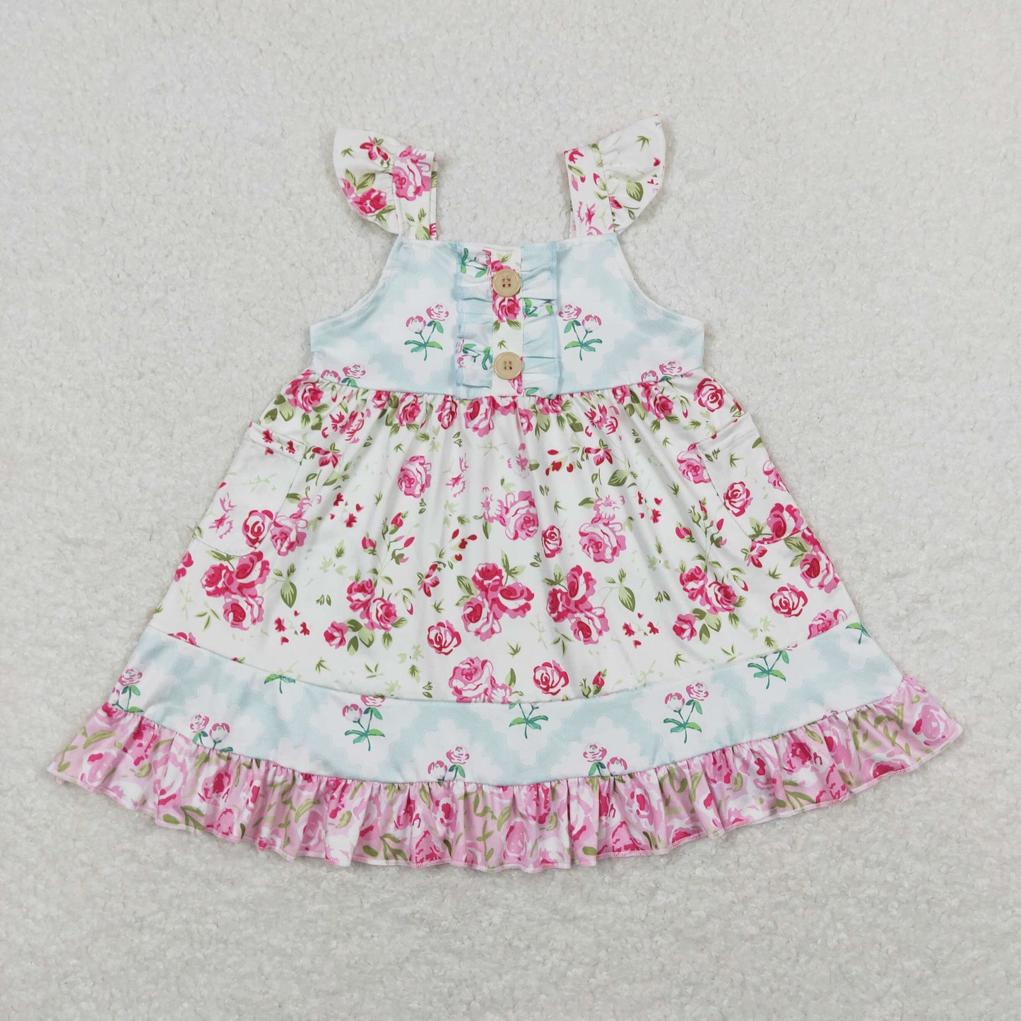 Sibling Baby Girls Flowers Plaid Button Pockets Ruffle Knee Length Dresses