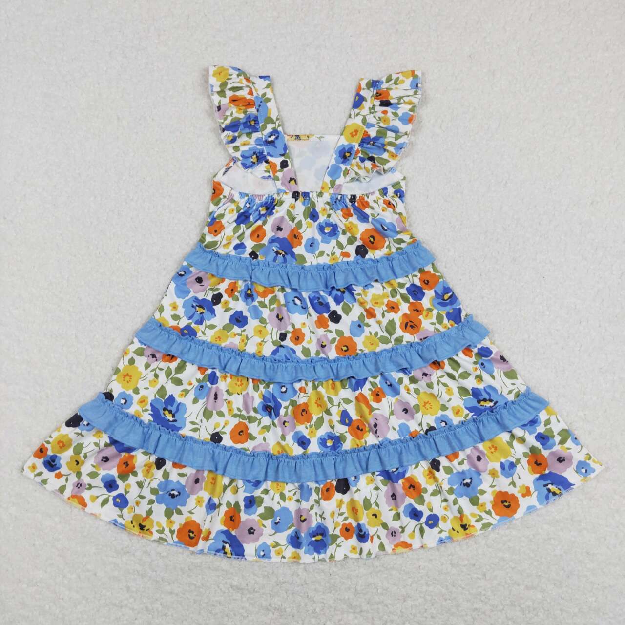 Sibling Baby Girls Flowers Plaid Button Pockets Ruffle Knee Length Dresses