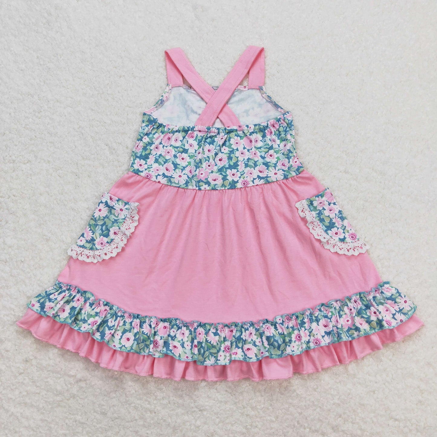 Sibling Baby Girls Strap Flowers Plaid Ruffle Knee Length Dresses