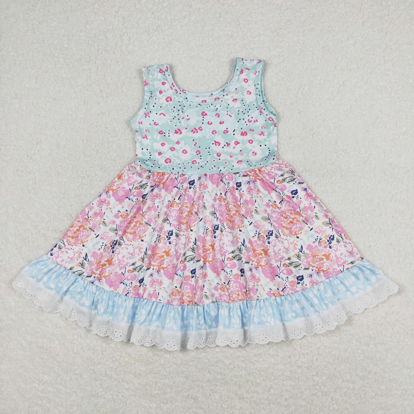 Sibling Baby Girls Flowers Plaid Button Pockets Ruffle Knee Length Dresses