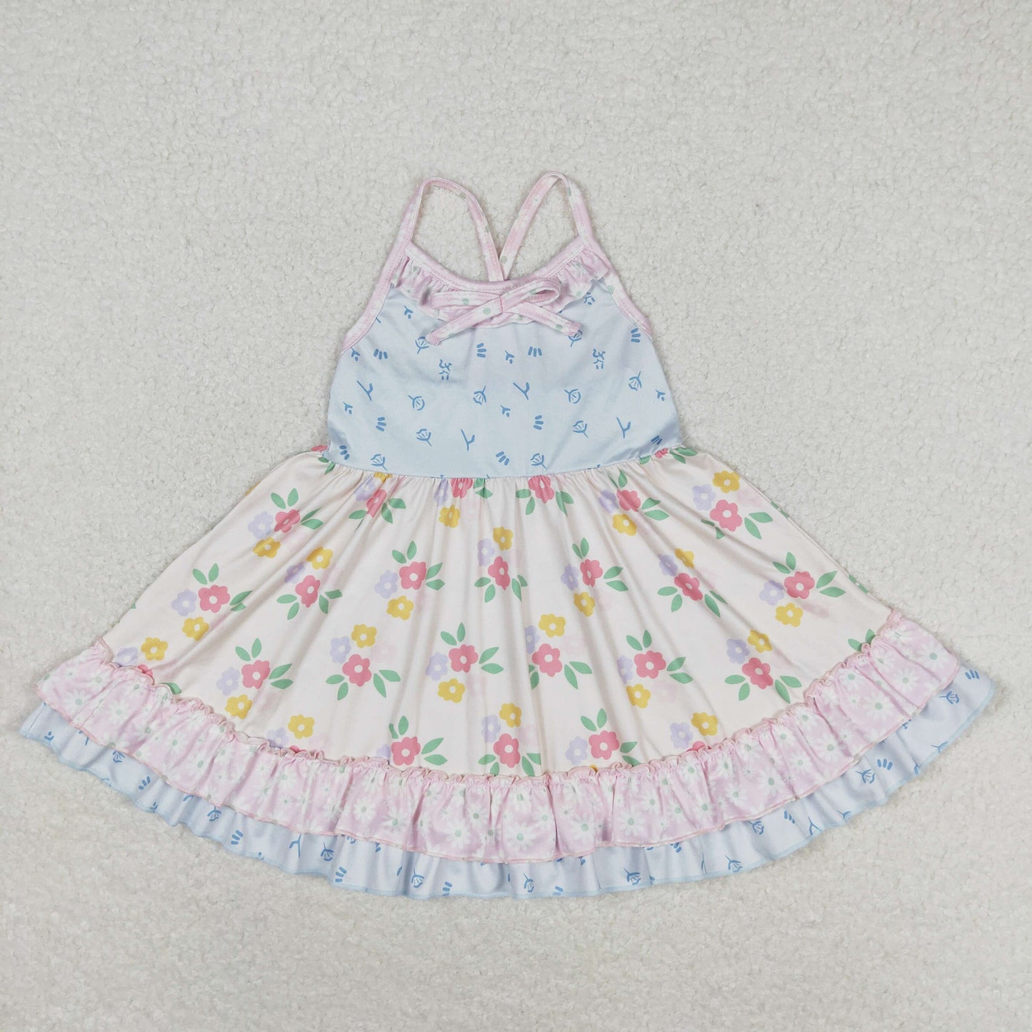 Sibling Baby Girls Strap Flowers Plaid Ruffle Knee Length Dresses