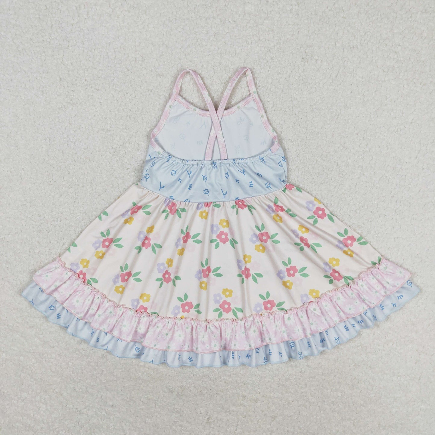 Sibling Baby Girls Strap Flowers Plaid Ruffle Knee Length Dresses