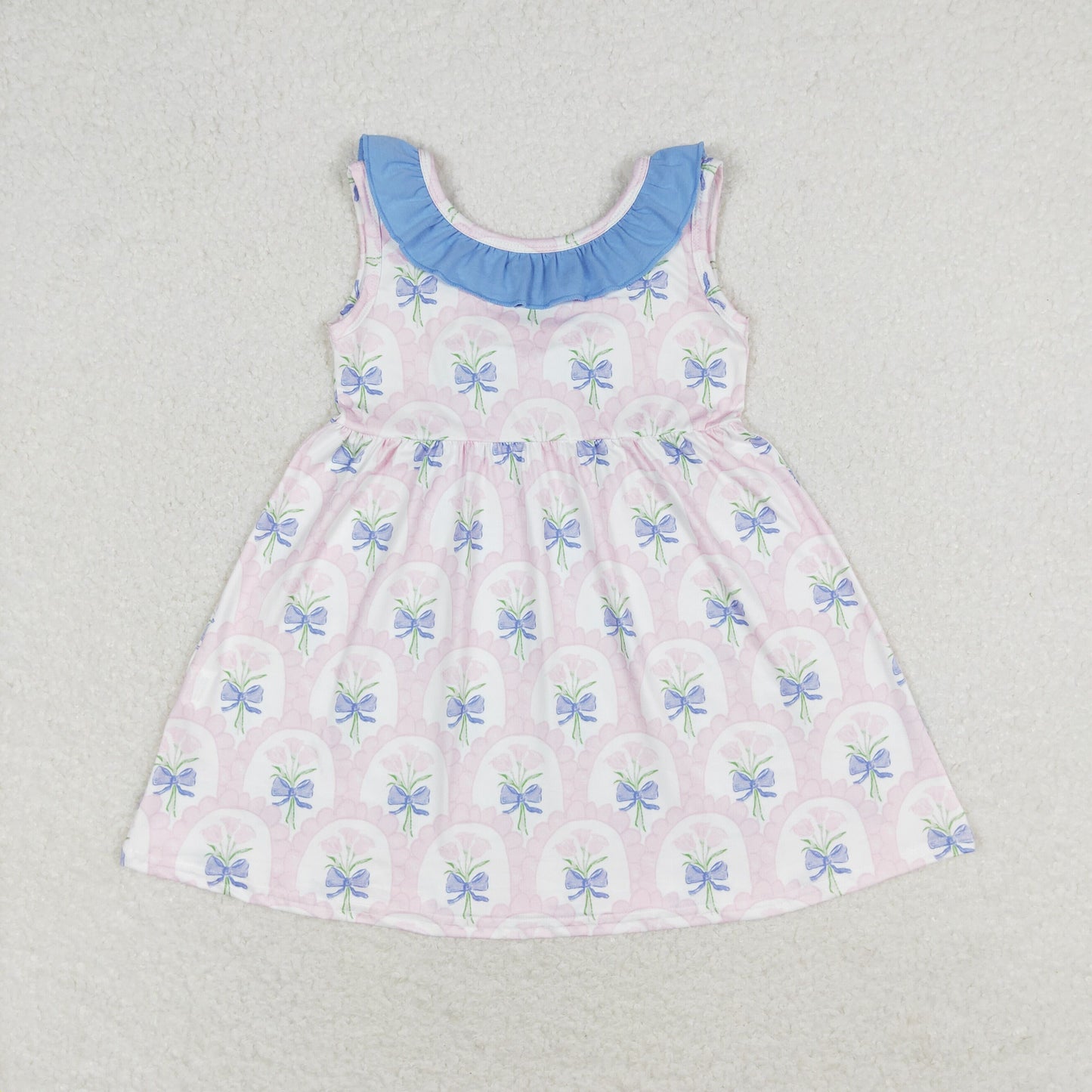 Sibling Baby Girls Sleeveless Flowers Back Bows Ruffle Collar Knee Length Dresses