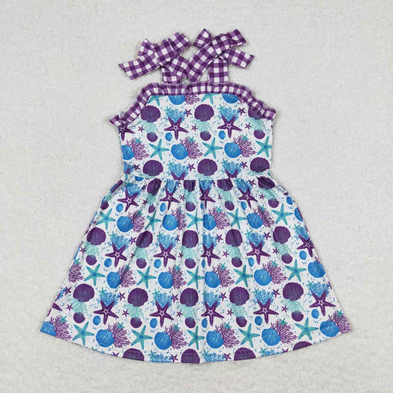 Sibling Baby Girls Strap Sea World Starfishes Crabs Knee Length Dresses
