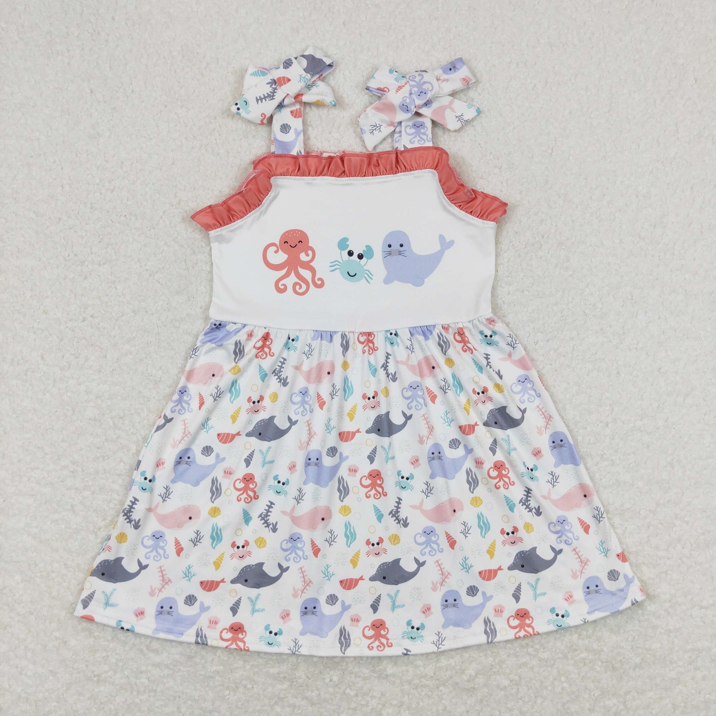 Sibling Baby Girls Strap Sea World Starfishes Crabs Knee Length Dresses