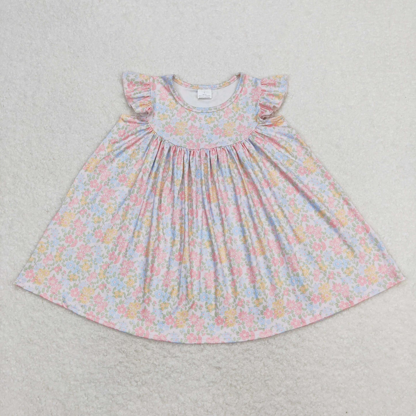 Sibling Baby Girls Flowers Plaid Flutter Sleeve Ruffle Knee Length Dresses