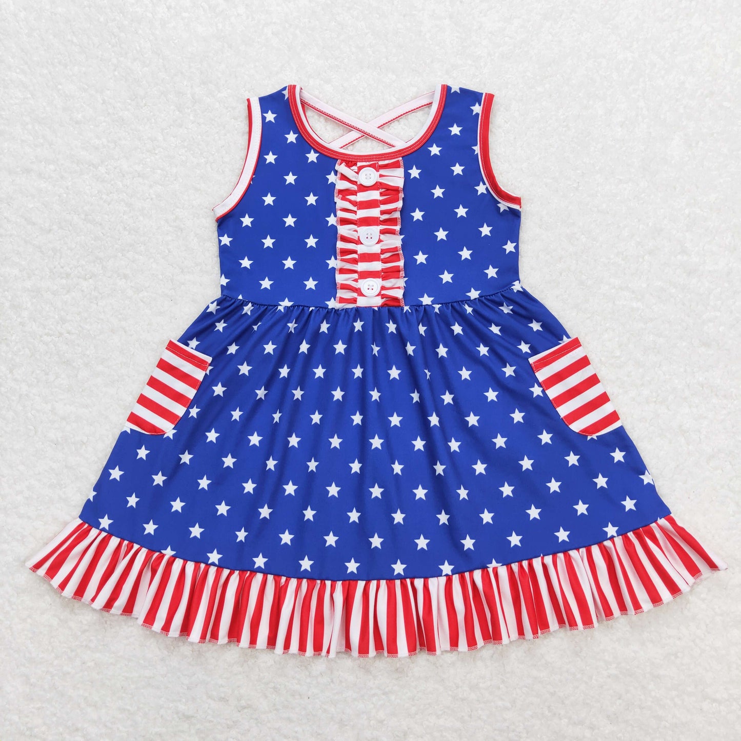 Sibling Baby Girls Stars Stripe 4th of July Shorts Clothes Sets Knee Length Dresses
