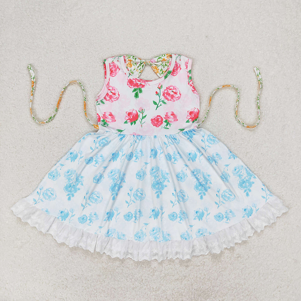 Sibling Baby Girls Bows Flowers Pockets Ruffle Knee Length Dresses With Belt